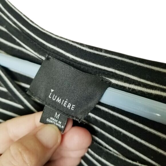 Lumiere Size M Striped Black & White Long Sleeve Top Tie Hem Casual Basic Boxy - Picture 3 of 10